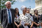 Democratic presidential candidate, Sen. Bernie Sanders, I-Vt., and Rep. Ilhan Omar, D-Minn., in Washington, Monday, June 24, 2019.