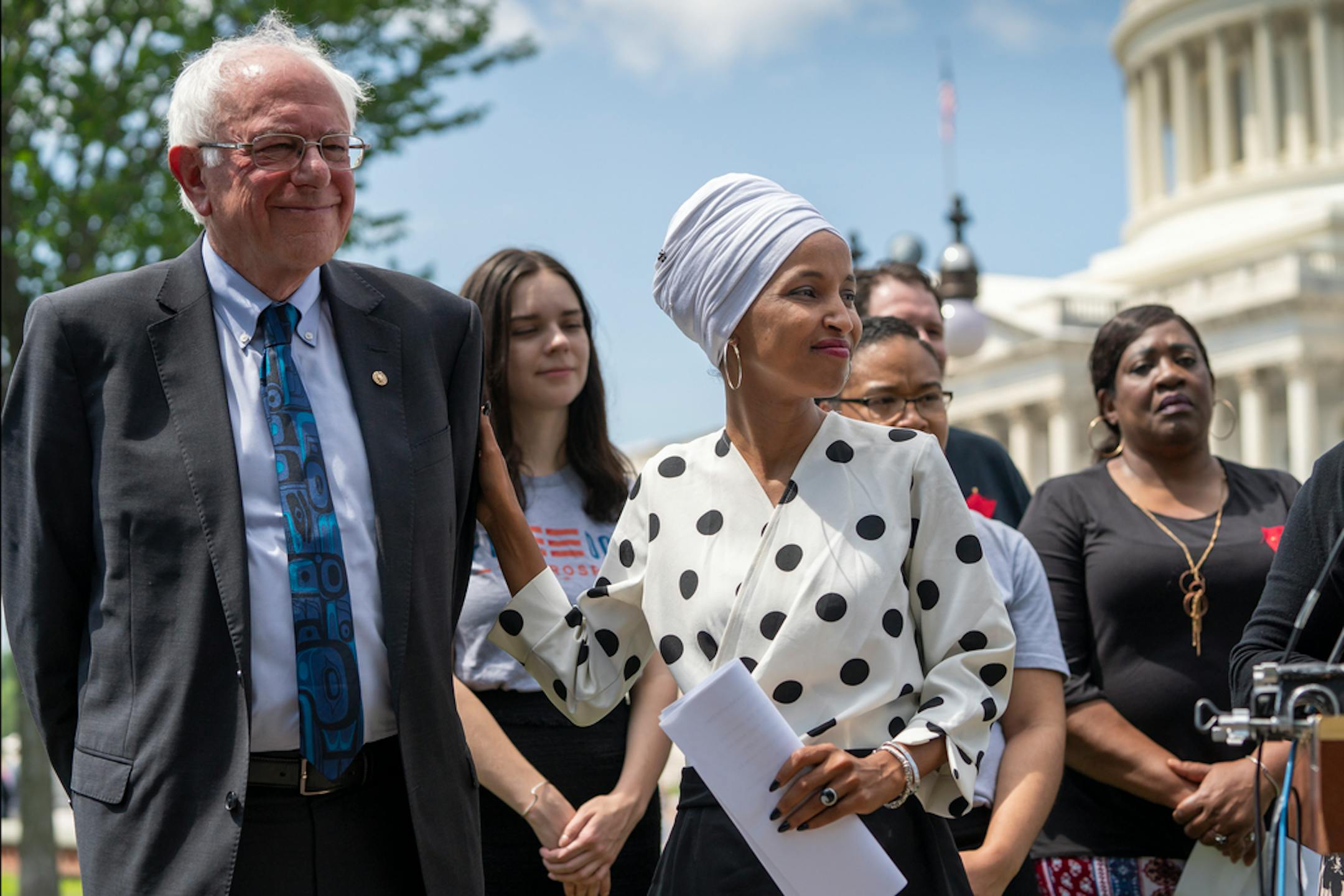 Democratic presidential candidate, Sen. Bernie Sanders, I-Vt., and Rep. Ilhan Omar, D-Minn., in Washington, Monday, June 24, 2019.