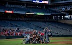 Eden Prairie celebrates after winning the 2017 Class 4A State Tournament Championship Game against Forest Lake at Target Field in Minneapolis on Monda