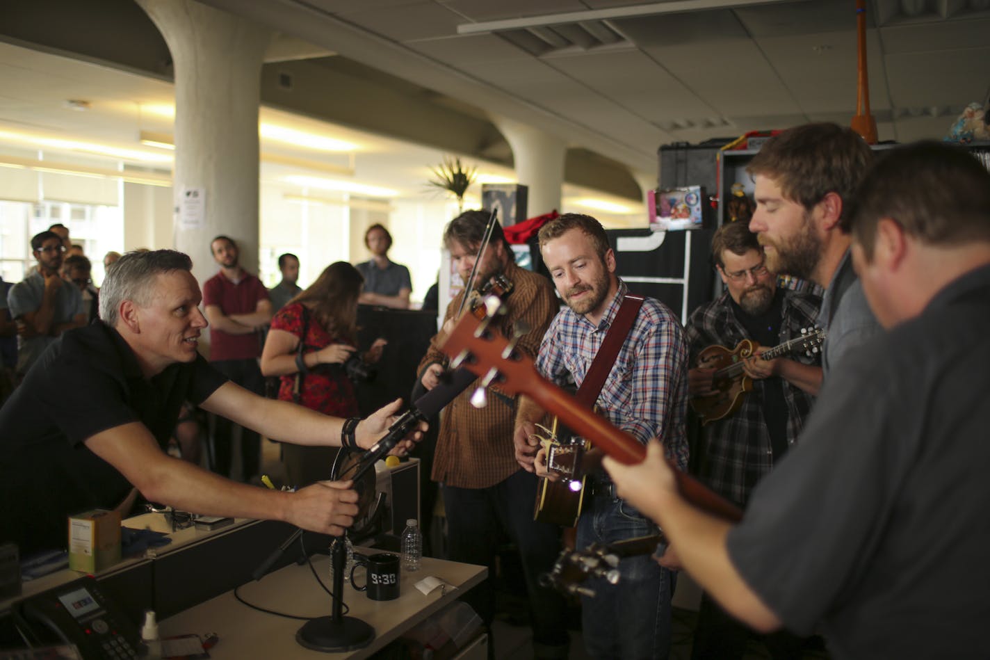 Engineer Kevin Wait adjusted the microphone during sound check for Trampled By Turtles' Tiny Desk Concert taping at NPR's offices in Washington, DC. ] JEFF WHEELER &#x2022; jeff.wheeler@startribune.com Trampled By Turtles recorded a Tiny Desk Concert at National Public Radio offices in Washington, DC Wednesday afternoon, July 16, 2014.