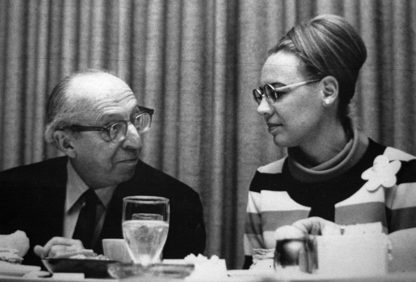 Mary Ann Feldman with composer Aaron Copland at an orchestra luncheon in 1970. She once served him chicken soup &#x2014; and a book of Carl Sandburg poems.