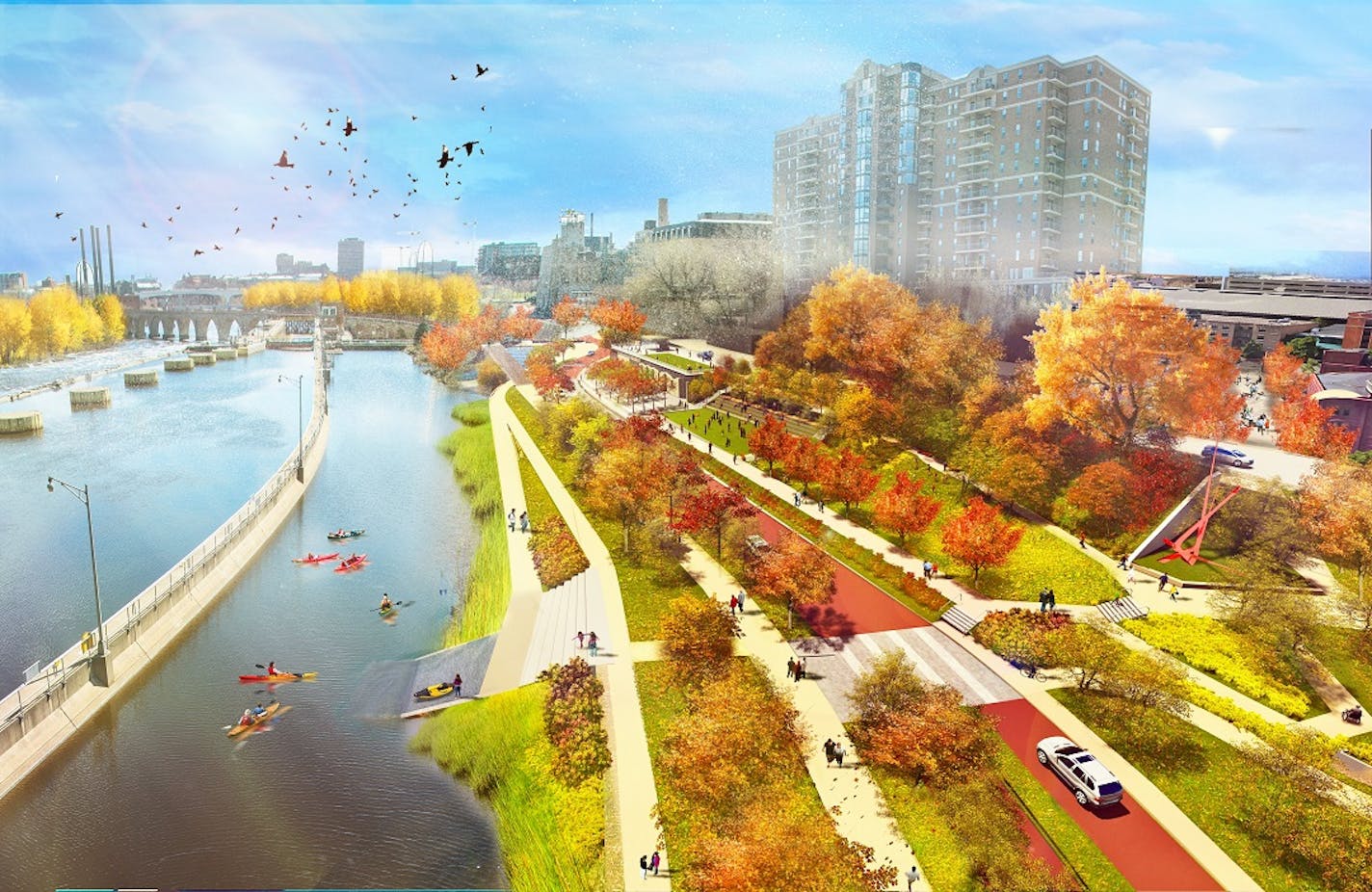 A rendering of the proposed Water Works Park in Minneapolis, at the western end of the Stone Arch Bridge.