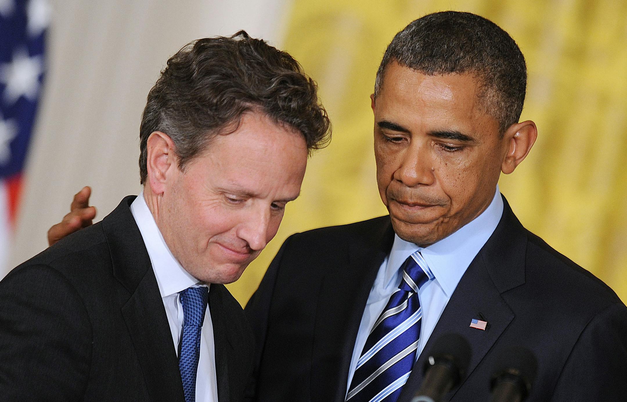 President Barack Obama and outgoing Treasury Secretary Tim Geithner.