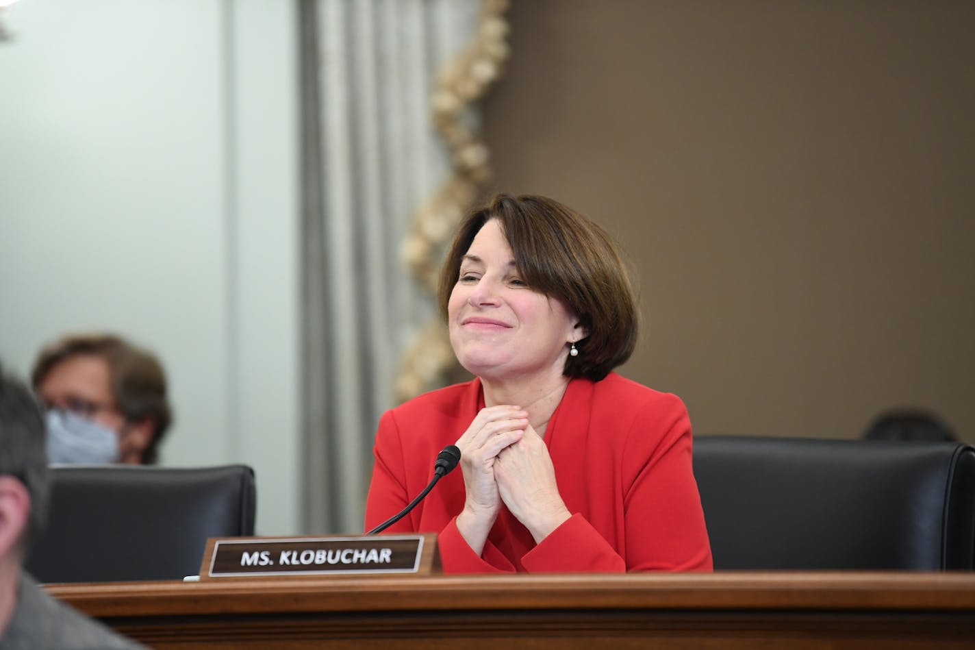 Sen. Amy Klobuchar, D-Minn., speaks during a Senate Commerce, Science, and Transportation committee hearing to examine the Federal Communications Commission on Capitol Hill in Washington, Wednesday, June 24, 2020. (Jonathan Newton/The Washington Post via AP, Pool)