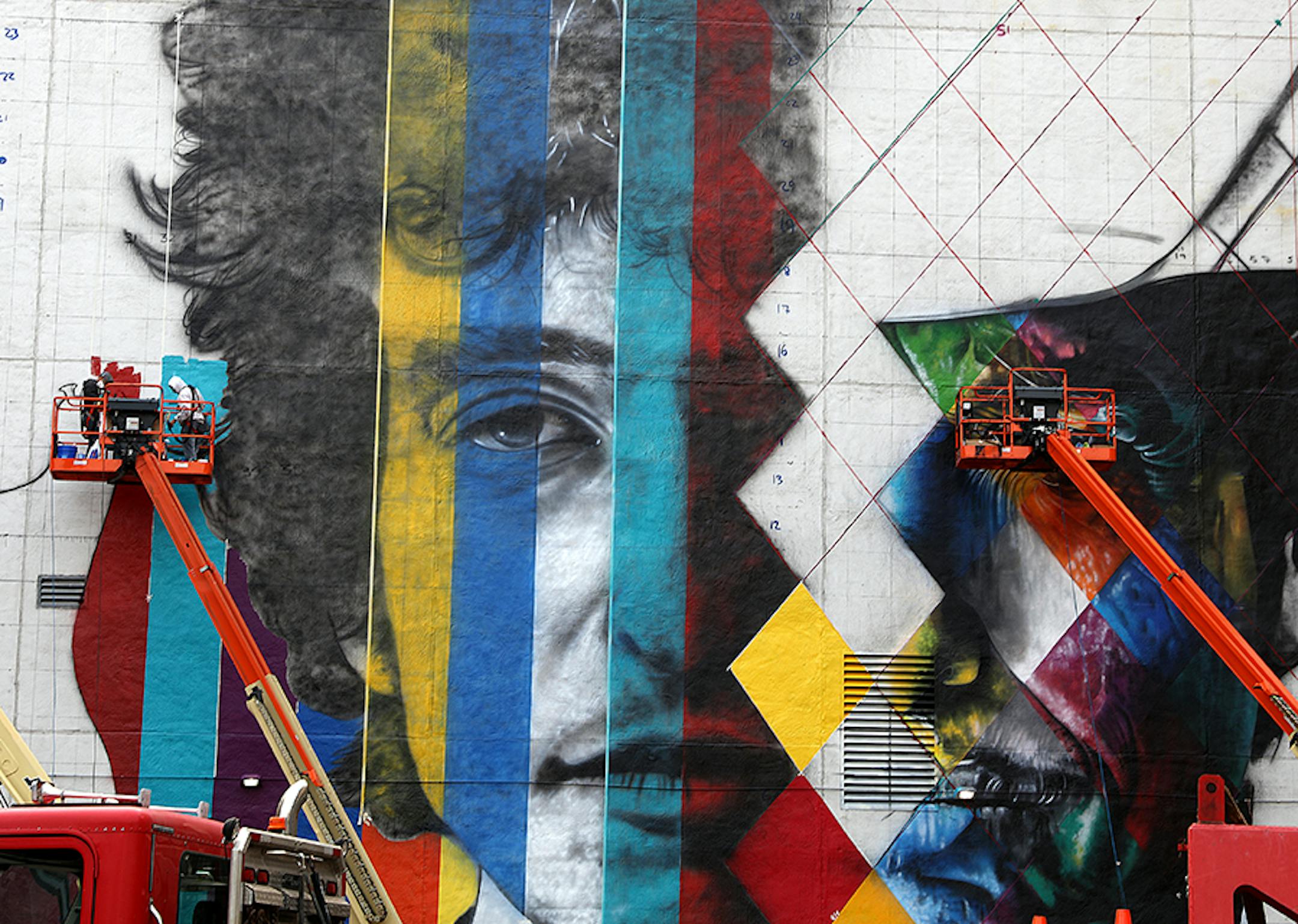 The blank white wall facing the corner of 5th and Hennepin Ave., shot Saturday August 29, 2015. The 'canvas' for a mural by Brazillian artist Kobra- with multiple images of Bob Dylan.