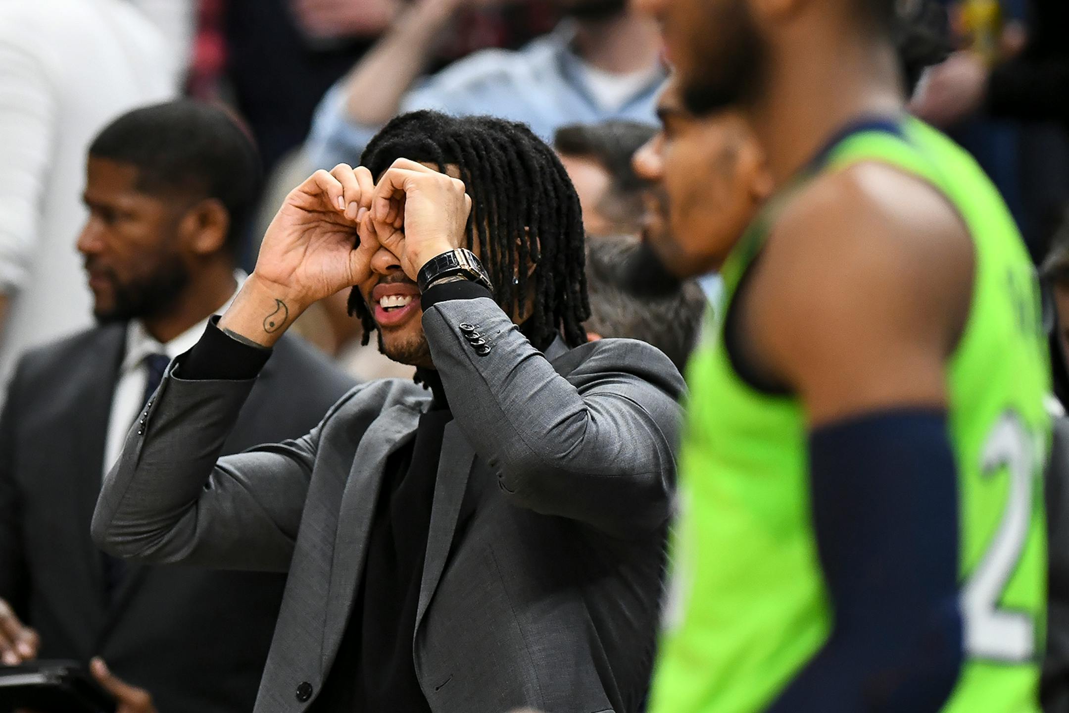 Russell reacted after a one-and-one opportunity by Towns during the victory over the Clippers.