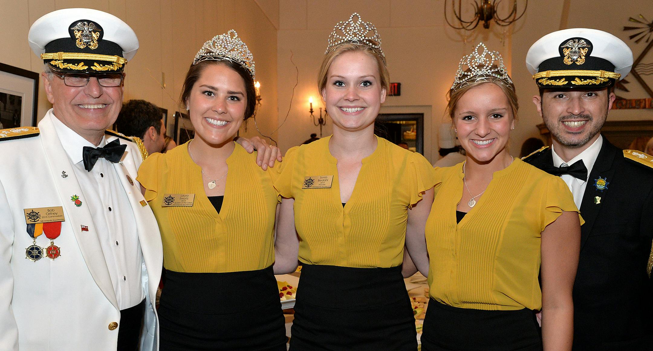2015 Aquatennial Royalty, from left, Commodore Bob Orthey, Queen of the Lakes, Laura Swartz, Princess Sonia Berdahl, Princess Morgan Scheiller and Captain Brian Thomas May. ] (SPECIAL TO THE STAR TRIBUNE/BRE McGEE) **Bob Orthey (left, 2015 Aquatennial Commodore), Laura Swartz (second from left, 2015 Aquatennial Queen of the Lakes), Sonia Berdahl (center, 2015 Aquatennial Princess), Morgan Scheiller (second from right, 2015 Aquatennial Princess), Brian Thomas May (right, 2015 Aquatennial Captain)