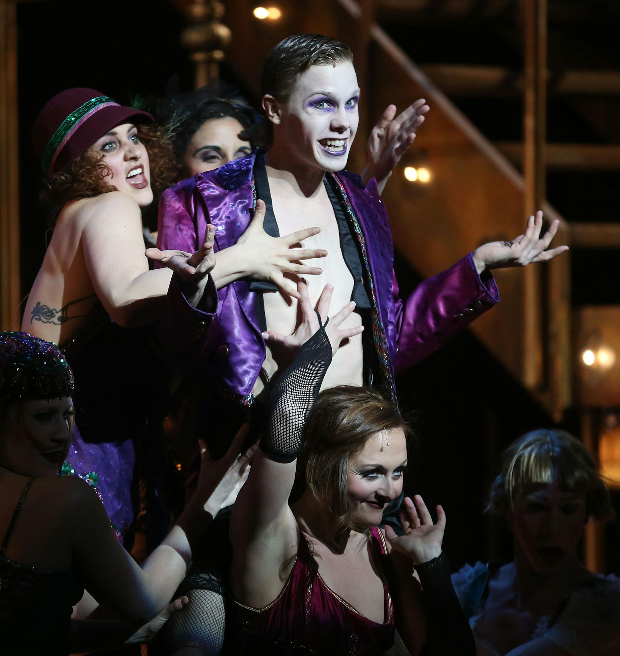 With actor Tyler Michaels in the middle the cast performed a scene from "Cabaret" during the dress rehearsal at the Pantages, produced by Theater Latte Da in Minneapolis Tuesday, January 7, 2014. ] (KYNDELL HARKNESS/STAR TRIBUNE) kyndell.harkness@startribune.com