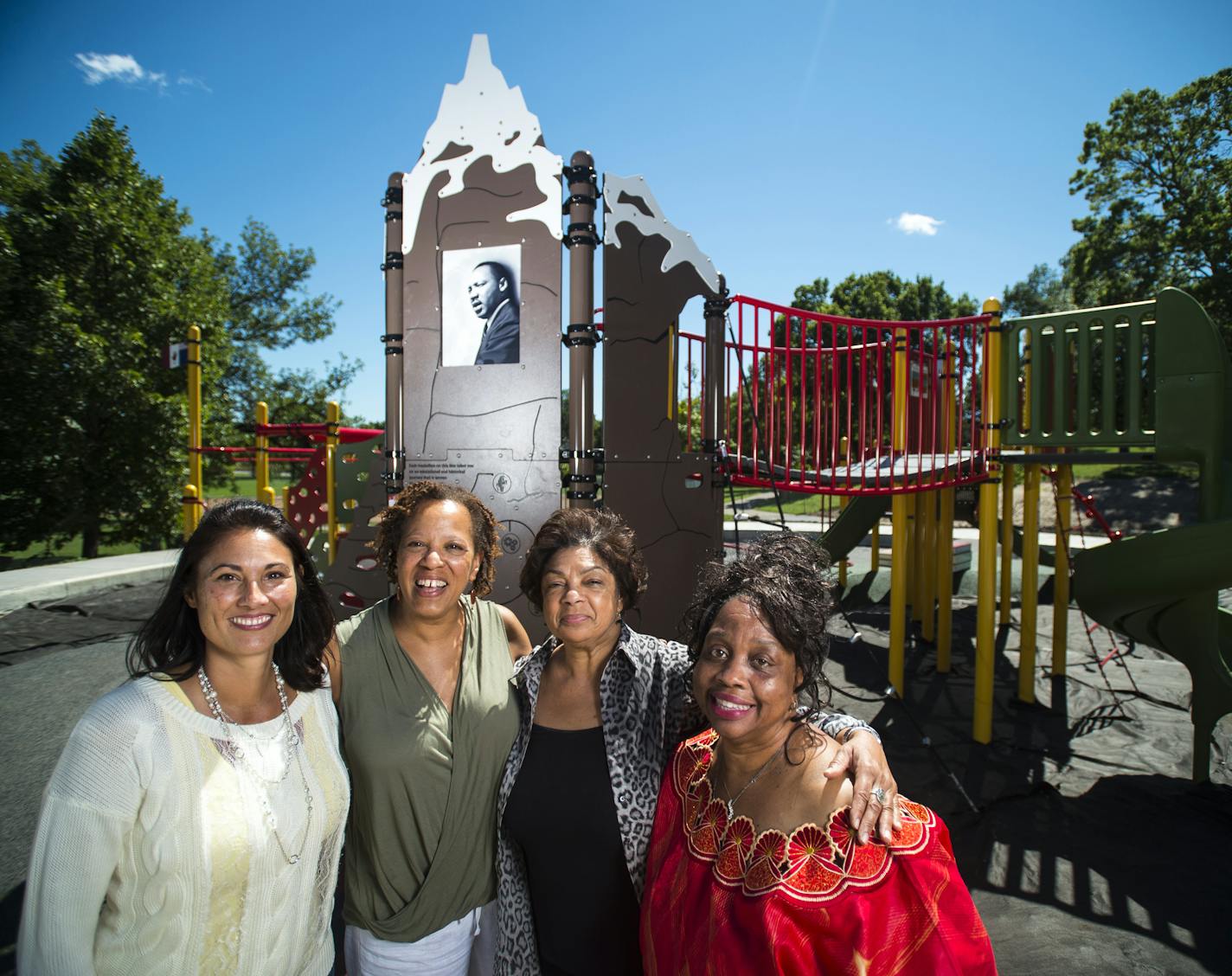 Sandra Richardson, left of center, a co-chair of the park's Legacy Council, was photographed alongside architect Candace Amberg, left, and public artists Shalette Cauley-Wandrich and Esther Osayande on Thursday, August 20, 2015. ] Aaron Lavinsky &#x2022; aaron.lavinsky@startribune.com Born of dog park controversy, the new playground at Rev. Dr. Martin Luther King Jr. Park, the now official name, represents an effort by the area's civil rights activists of yore to reclaim the park as a place comm