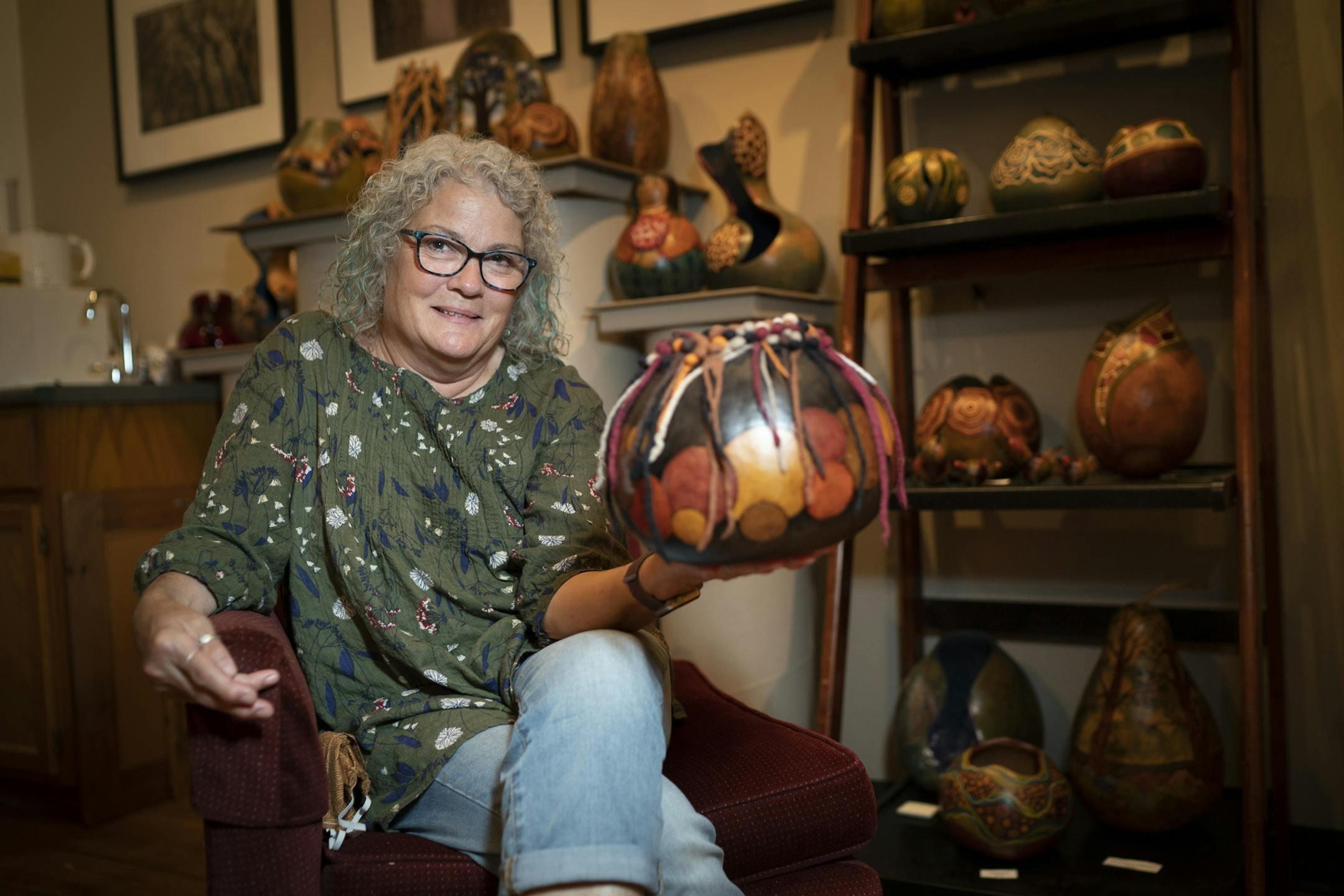 Artist Kristen Treuting of Kristin's Gourd Creations photographed in her studio in Minneapolis, Minn., on Tuesday, July 14, 2020. ] RENEE JONES SCHNEIDER renee.jones@startribune.com