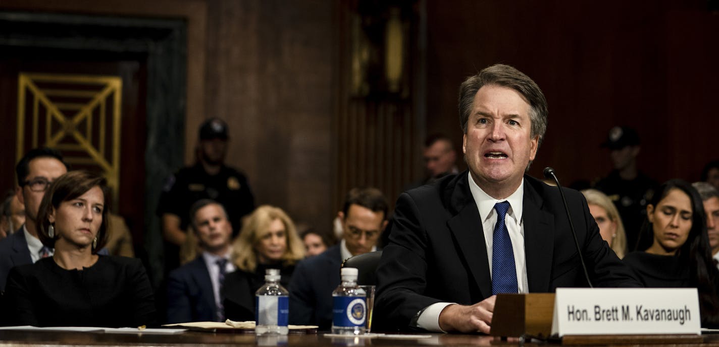 Judge Brett Kavanaugh testifies in front of the Senate Judiciary Committee on Capitol Hill in Washington, Sept. 27, 2018. As the FBI pursues Judge Kavanaugh&#xed;s past, Democrats say those accusations have flushed out an issue of his present: temperament and honesty. (Erin Schaff/The New York Times)