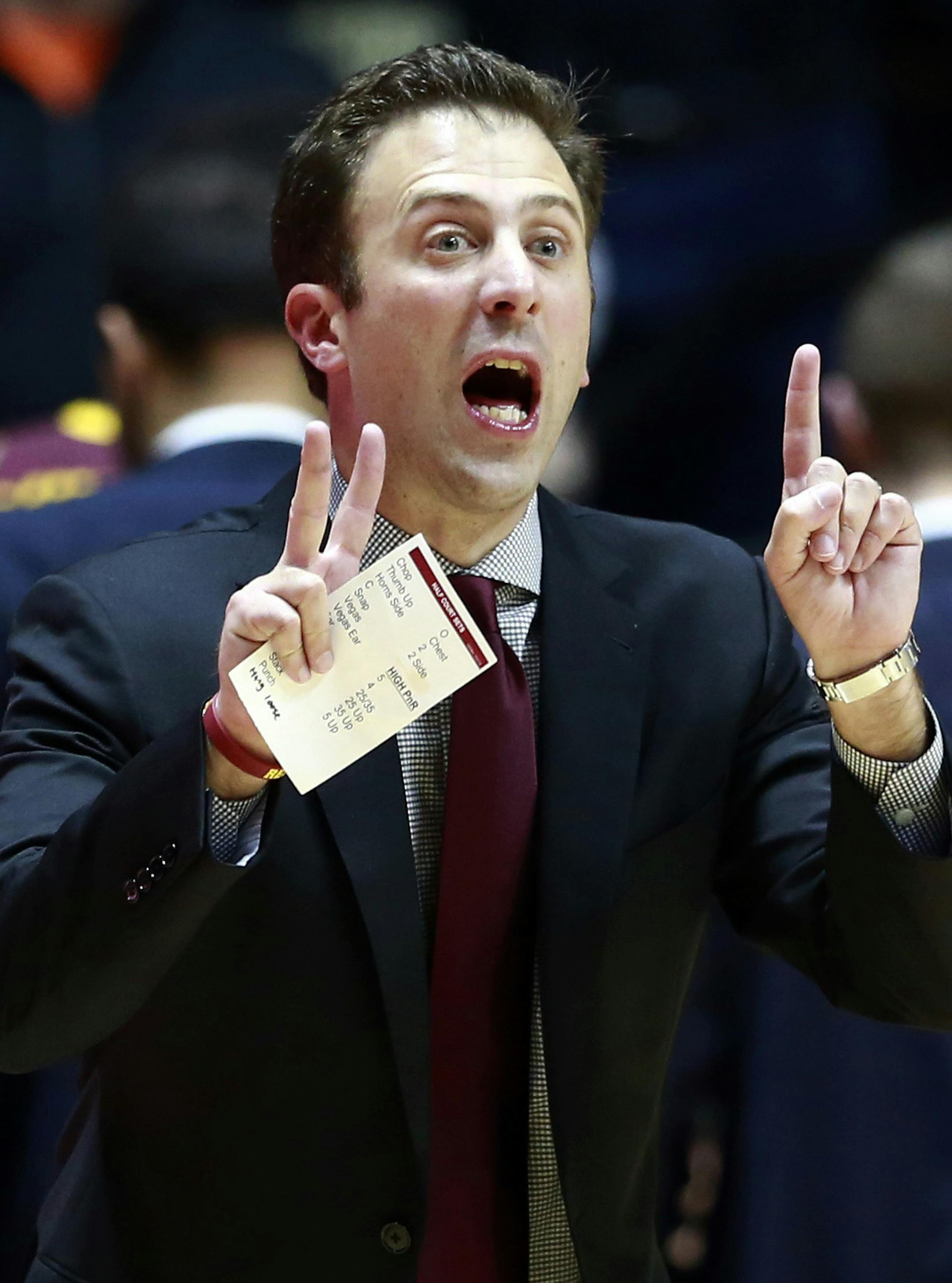 Minnesota head coach Richard Pitino yells to his players in the second half of an NCAA college basketball game against Purdue, Sunday, Jan. 1, 2017, in West Lafayette, Ind. (AP Photo/R Brent Smith) ORG XMIT: MIN2017010119192225