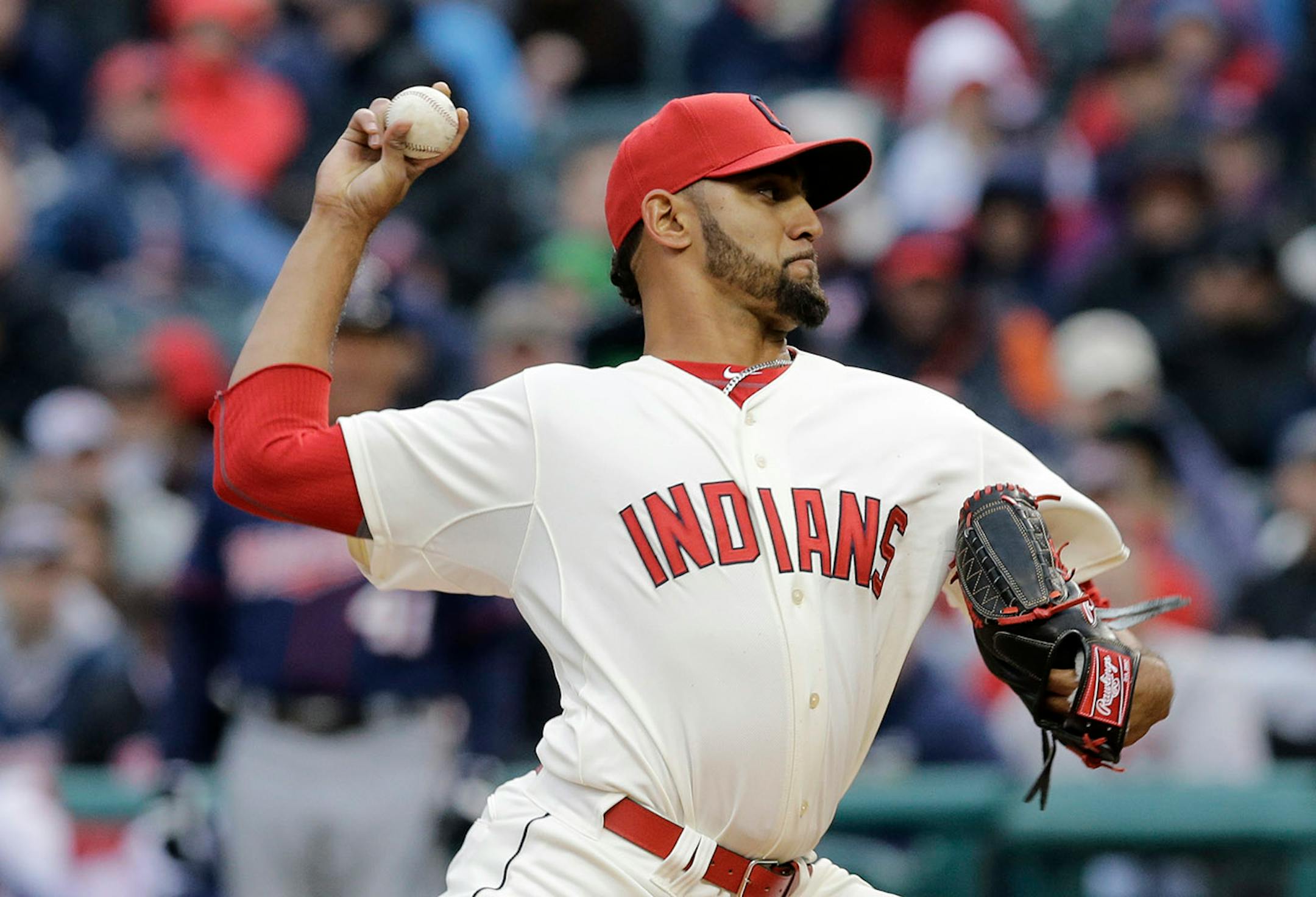 Cleveland Indians starting pitcher Danny Salazar throws during the first inning of a baseball game against the Minnesota Twins, Friday, April 4, 2014, in Cleveland. (AP Photo/Mark Duncan)