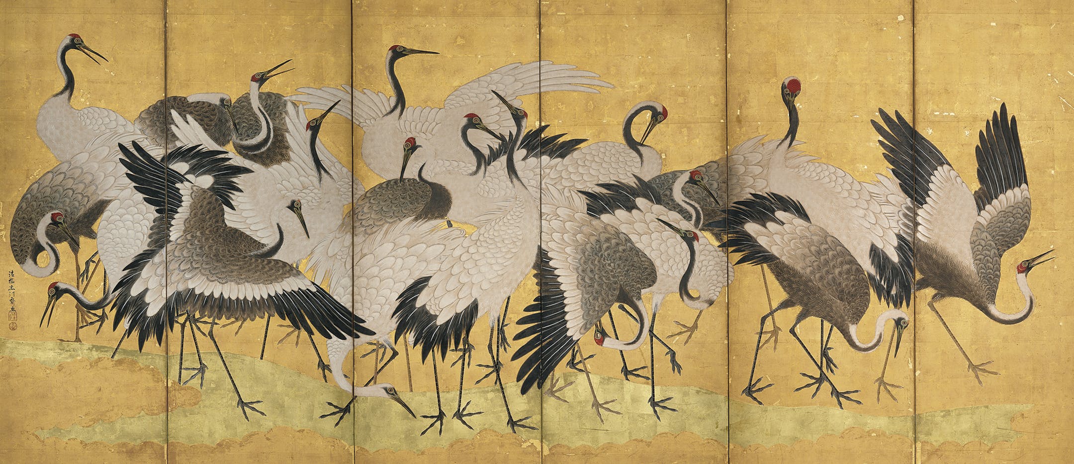 Left panel Ishida Yutei Japanese, 1721ñ86 "Flock of Cranes," second half of the 18th century Pair of six-panel folding screens; ink, color, and gold on gilded paper Mary Griggs Burke Collection, gift of the Mary and Jackson Burke Foundation Provided by MIA ORG XMIT: 99386
