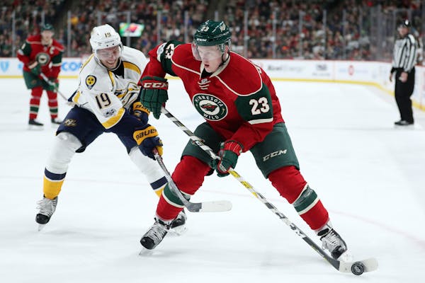 Defenseman Gustav Olofsson was recalled Tuesday afternoon and played in place of the ill Matt Dumba, while Nate Prosser took Christian Folin's spot in