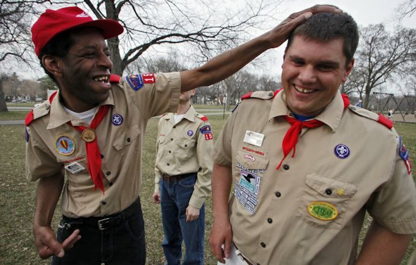 Troop 154 from Eagan is made up entirely of developmentally disabled adults, ages 31-52. Airon Hayes, left and Shawn Herron shared a joke at a recent field trip to Minnehaha Falls Park.