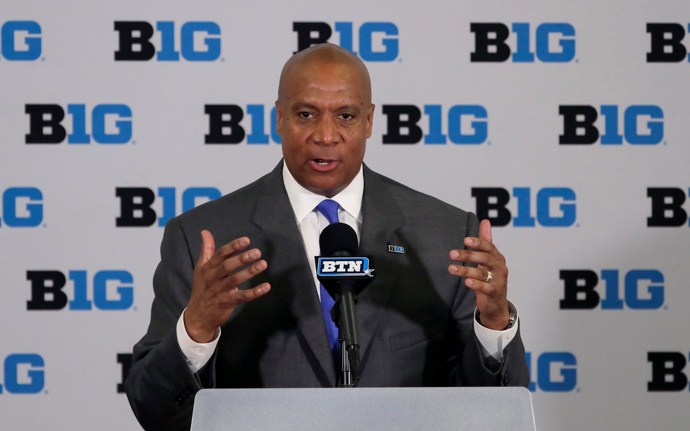 Minnesota Vikings chief operating officer Kevin Warren talks to reporters after being named Big Ten Conference Commissioner during a news conference Tuesday, June 4, 2019, in Rosemont, Ill. (AP Photo/Charles Rex Arbogast)