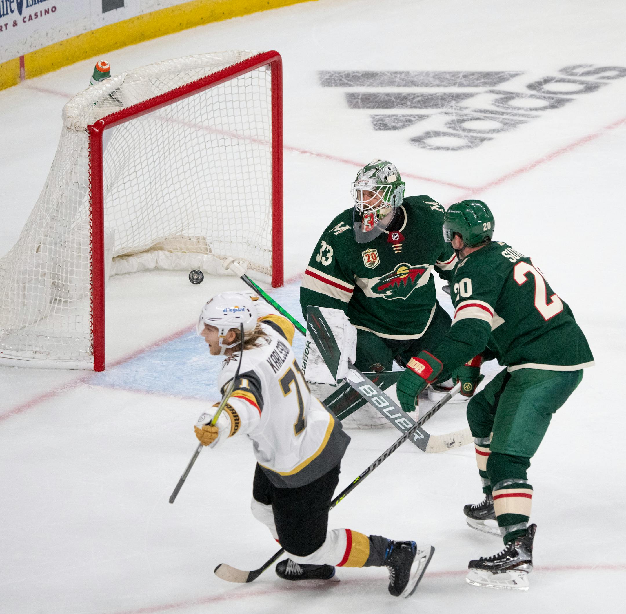 Vegas Golden Knights center William Karlsson (71) celebrated beating Minnesota Wild goaltender Cam Talbot (33) in the third period.