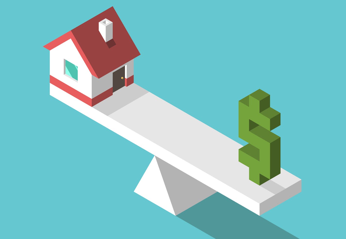 iStock
Isometric small house and green dollar sign on weight scales. Balance, price, real estate and home concept.