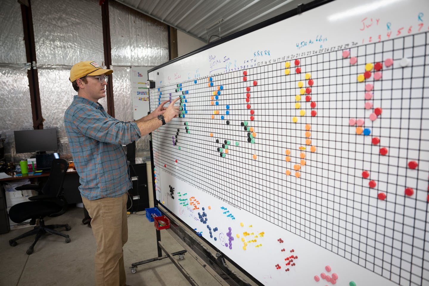 Matthew Fitzgerald explains the whiteboard he created to organize his farm business that inspired the farming organization app Farm Flow