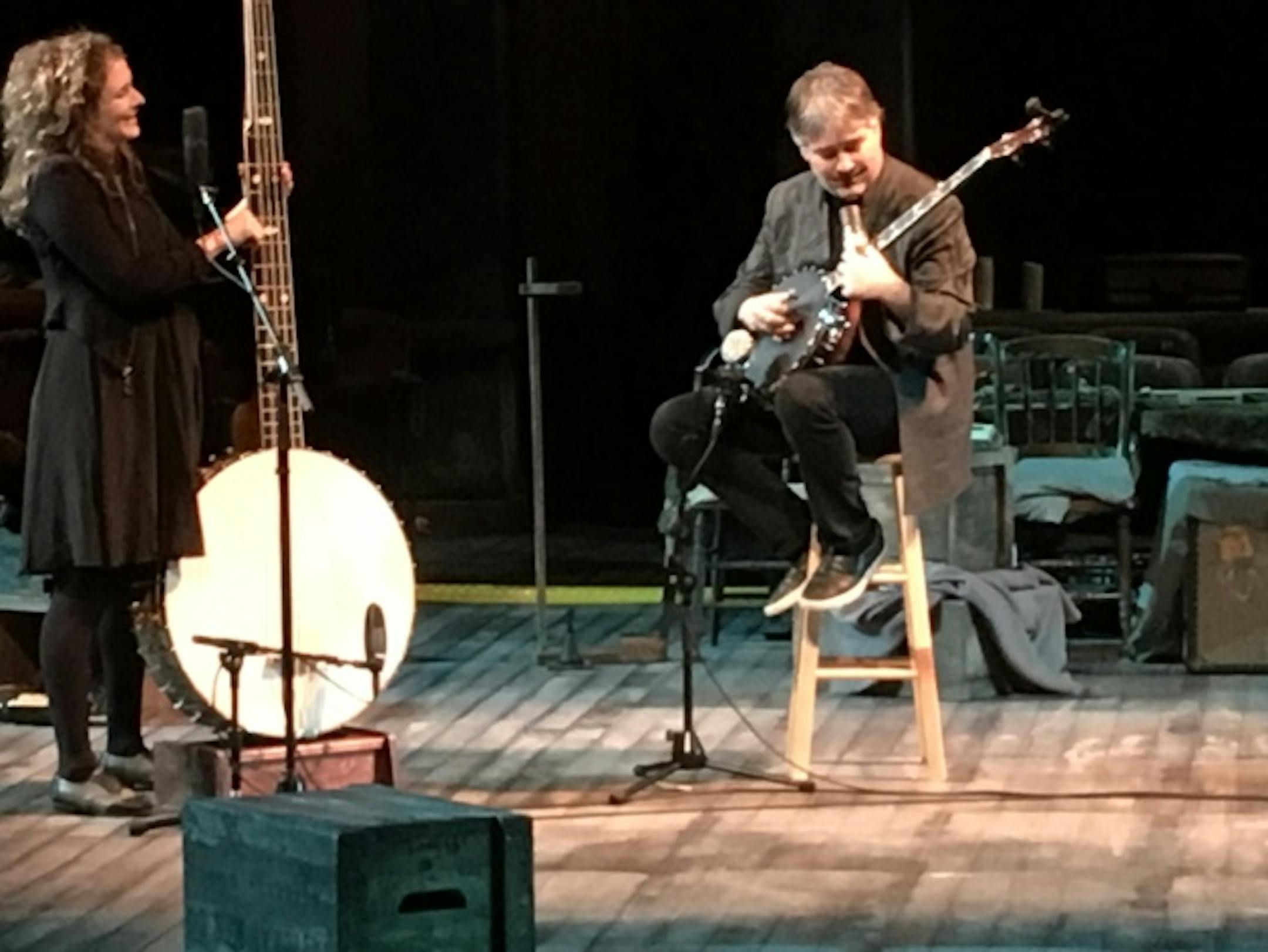 Abigail Washburn played a banjo bass while Bela Fleck used a salt-and-pepper as a slide on his banjo