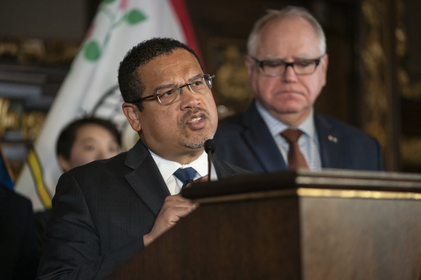 Attorney General Keith Ellison, seen here at a press conference with Gov. Tim Walz, says the most prevalent coronavirus scam complaints in Minnesota center on websites selling products such as masks that never get delivered and things marketed as a COVID cure.