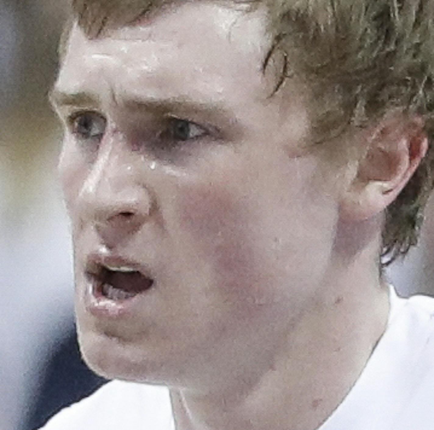 Xavier's J.P. Macura reacts in the first half of an NCAA college basketball game against Marquette, Wednesday, March 1, 2017, in Cincinnati. Marquette won 95-84. (AP Photo/John Minchillo) ORG XMIT: OHJMOTK