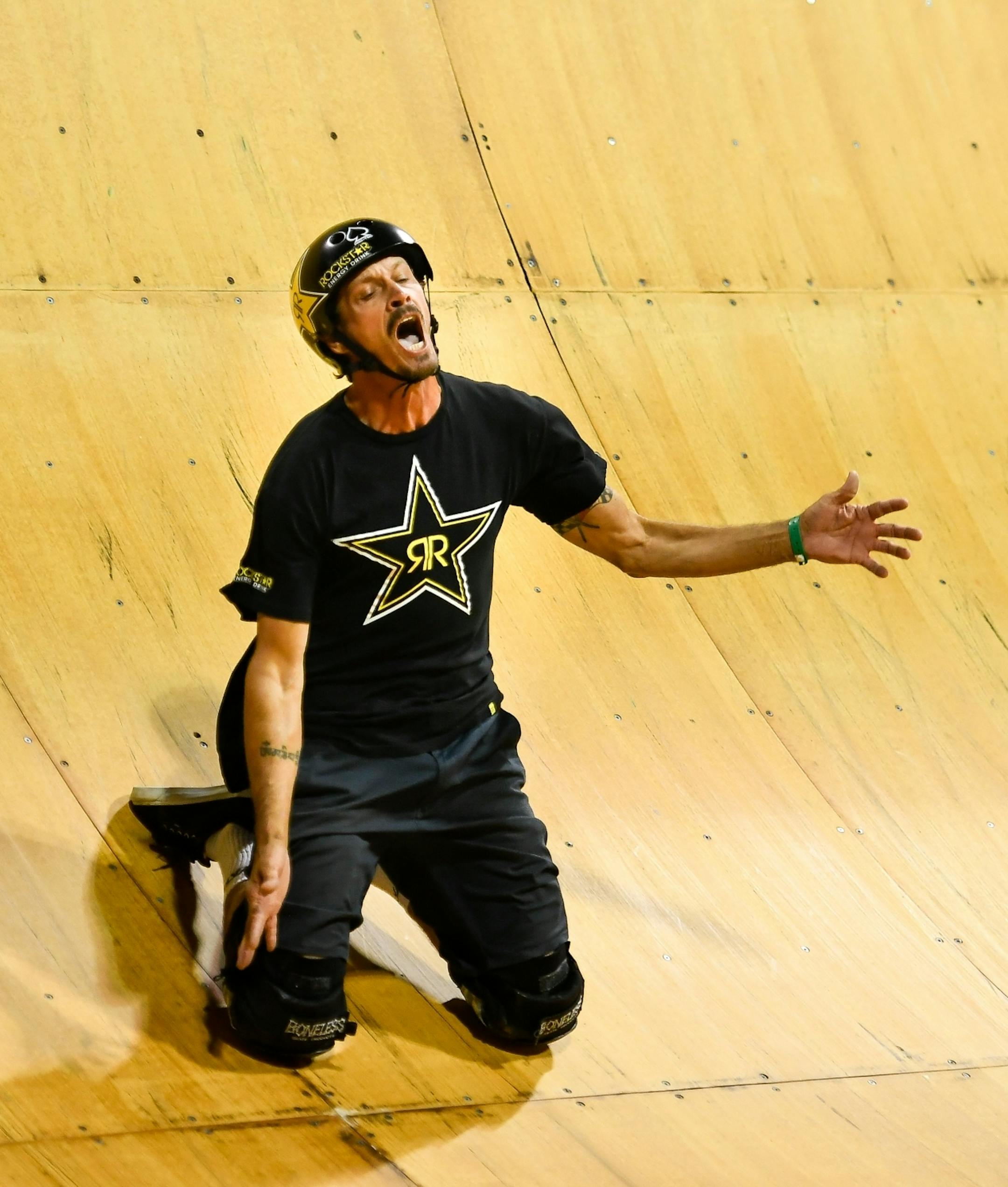 Bucky Lasek, 44, a 20-time X Games medalist, reacted as he fell on his third and final run of the X Games vert finals Thursday night.