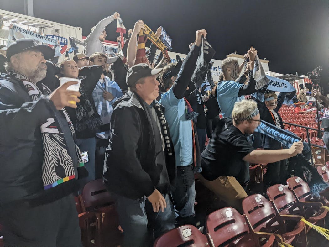 Minnesota United fans made some noise before Monday night’s playoff game at Dallas. More than 160 fans traveled - most of them traveling together on a flight coordinated - down and back on the same day to cheer their team.