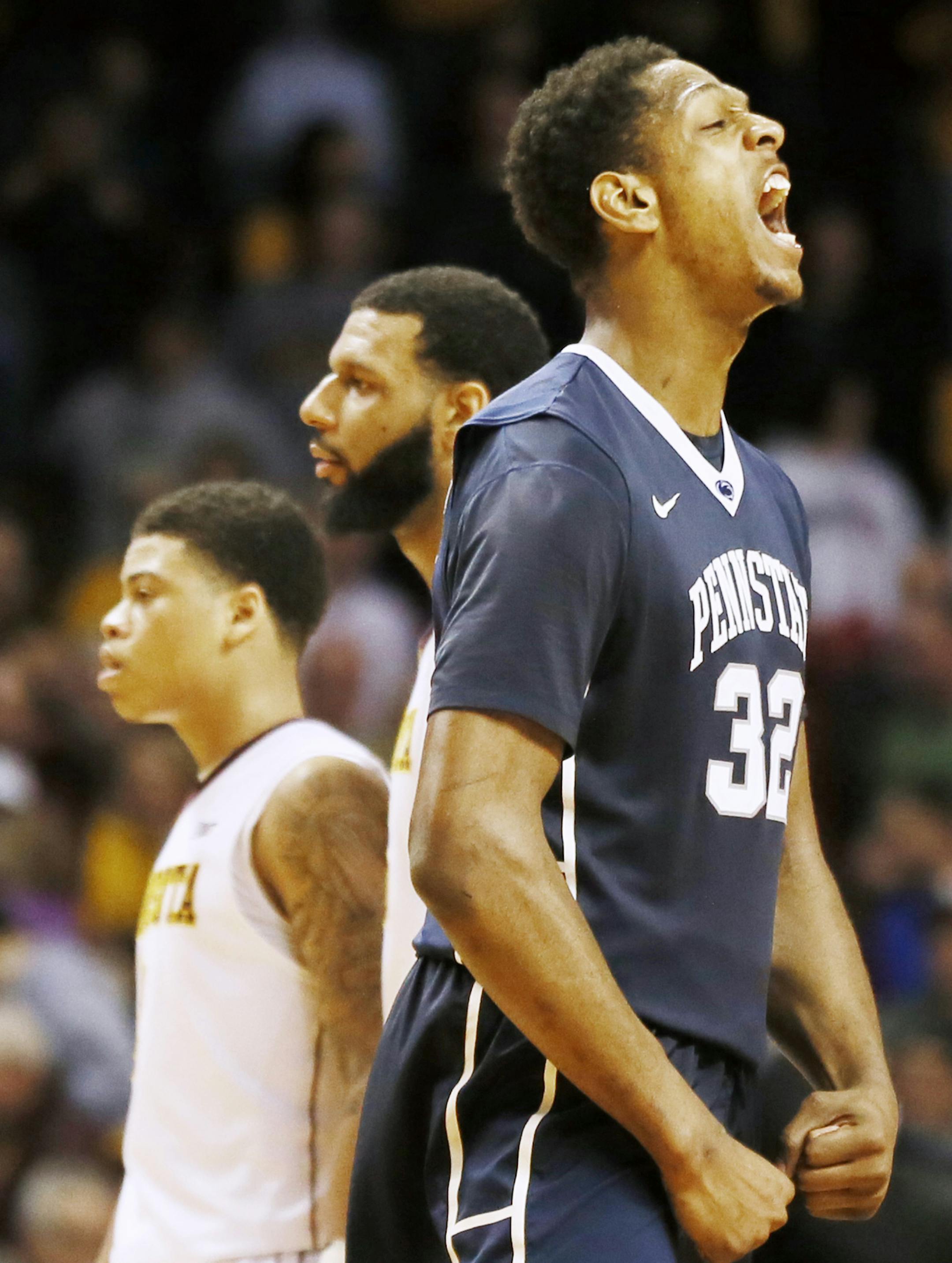 Penn State Jordan Dickerson celebrated his teammate D.J. Newbill 3point winning shot at the buzzer. Minnesota lost to Penn State79-76 at Williams Arena Sunday March 8, 2015 in Minneapolis, Minnesota. ] Jerry Holt/ Jerry.Holt@Startribune.com