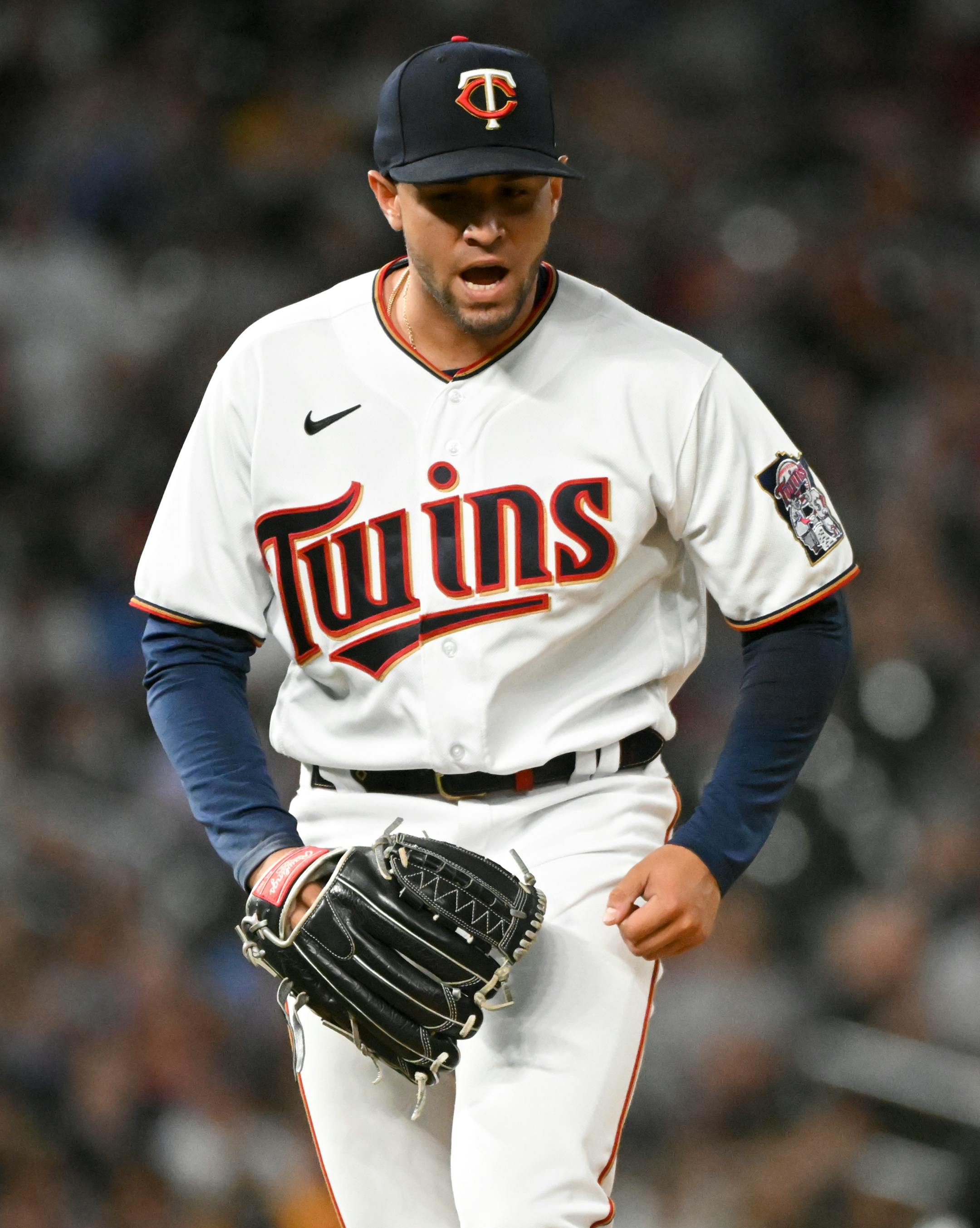 Minnesota Twins relief pitcher Jovani Moran (71) celebrates after striking out New York Yankees right fielder Joey Gallo (13) in the top of the 7th with bases loaded to end the side of the inning.
