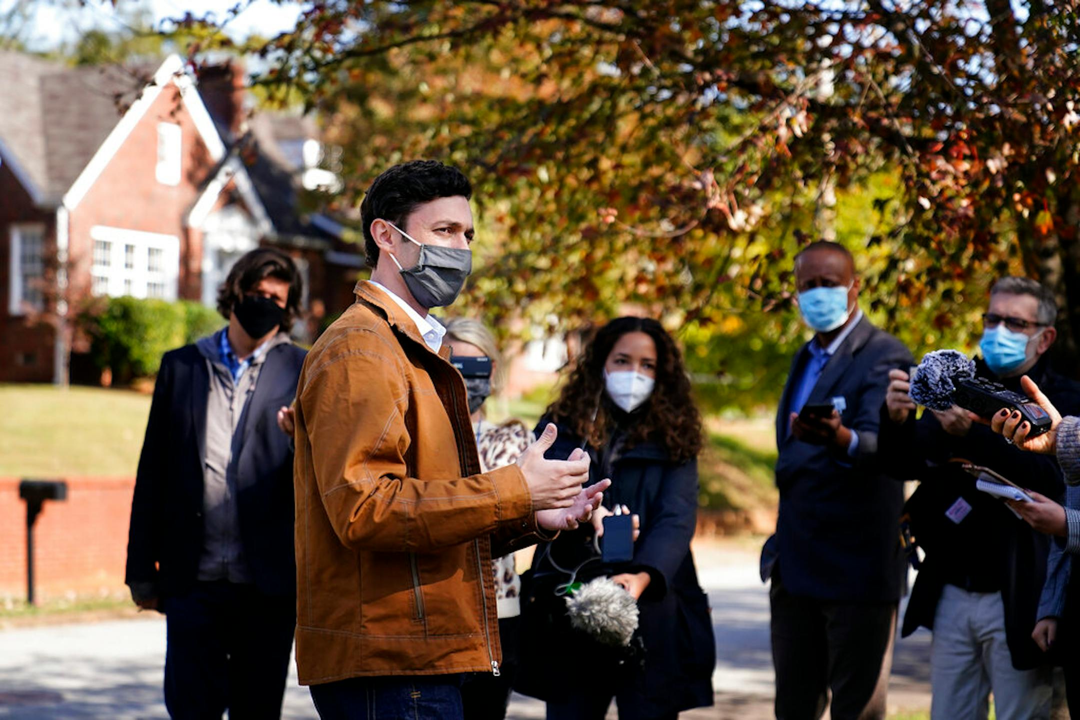 Democratic candidate for U.S. Senate Jon Ossoff speaks to the media on Election Day in Atlanta, Tuesday, Nov. 3, 2020.