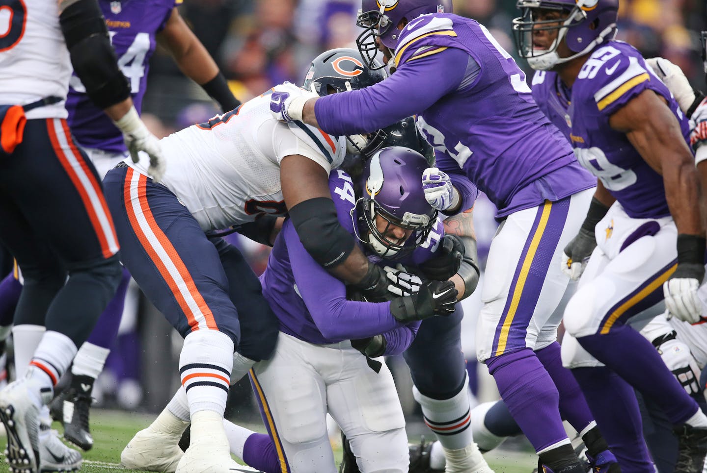 Minnesota Vikings defensive end Justin Trattou (94) intercepted a pass thrown by Chicago Bears quarterback Jay Cutler (6) in the forth quarter.