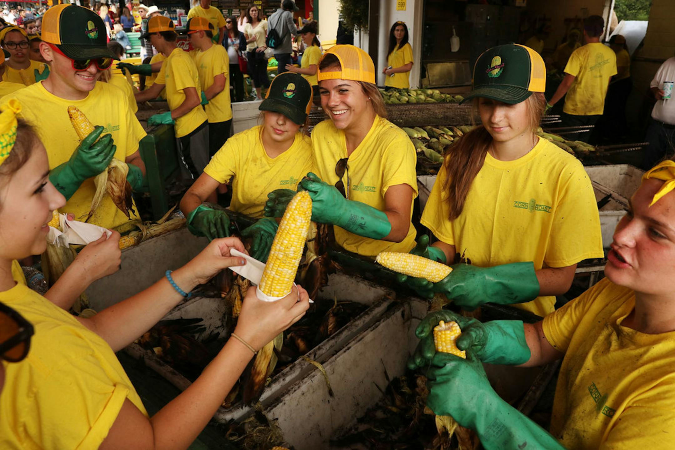 Workers shucked ears at the Minnesota State Fair Corn Roast in 2017.