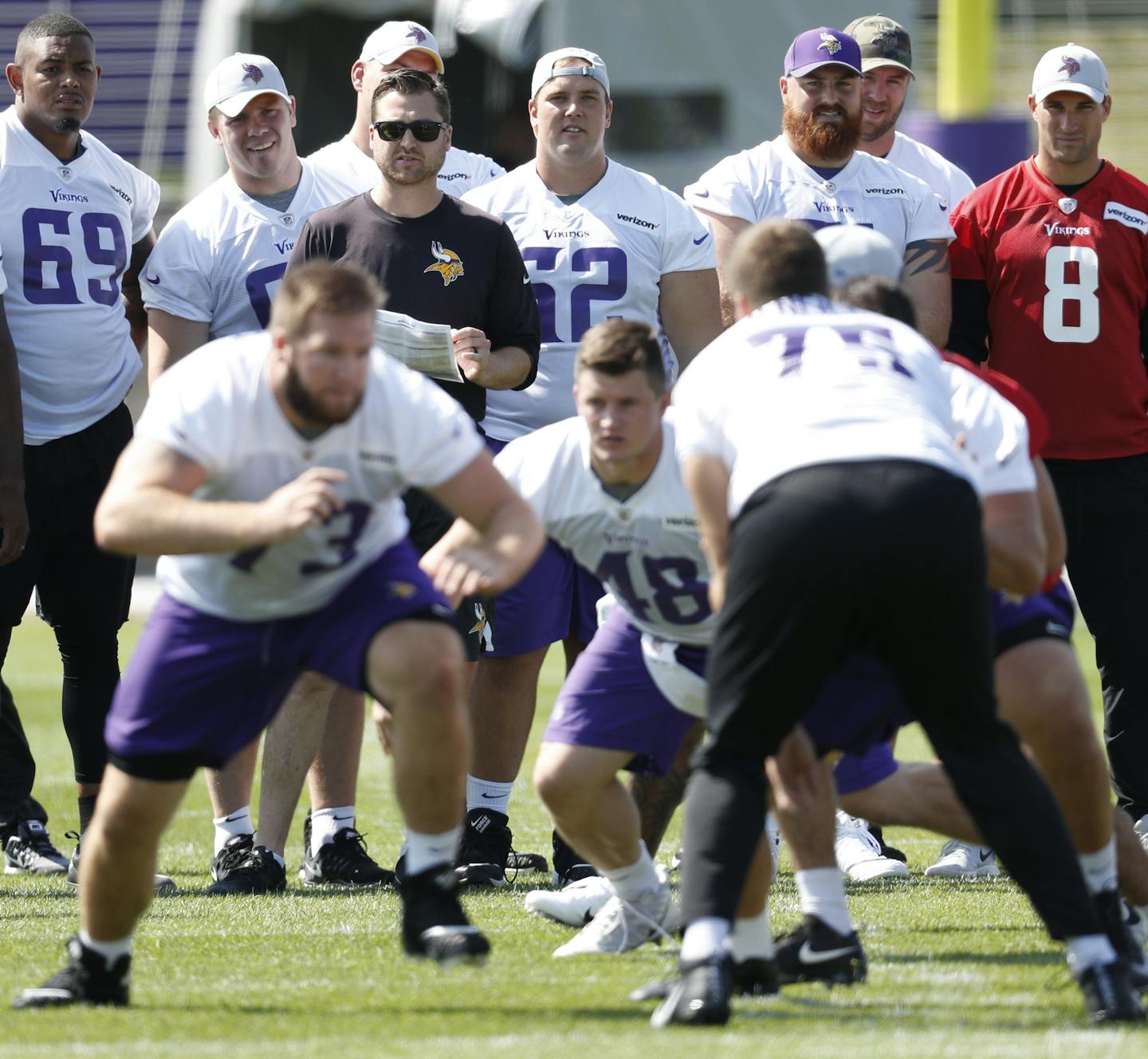 Assistant offensive line coach Andrew Janocko watched a play during Minnesota Vikings training camp at TCO Performance center Saturday July 28, 2018 in Eagan, MN. ] JERRY HOLT &#xef; jerry.holt@startribune.com