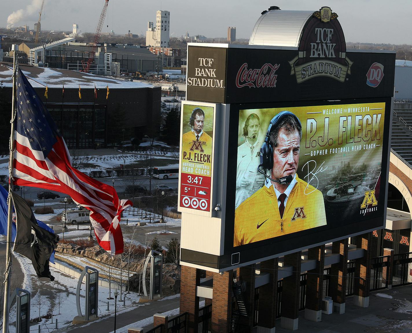 Newly named University of Minnesota football coach P.J. Fleck's image appeared on the score board at TCF Bank Stadium during a press conference Friday. ] ANTHONY SOUFFLE &#x2022; anthony.souffle@startribune.com University of Minnesota athletic director Mark Coyle and newly name football coach P.J. Fleck held a press conference Friday, Jan. 6 2017 in the Indoor Club Room at TCF Bank Stadium in Minneapolis. ORG XMIT: MIN1701061637050856