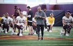 Head coach P.J. Fleck during the first open Gopher football practice at the University of Minnesota in Minneapolis, Minn., on Friday, March 6, 2020. ]