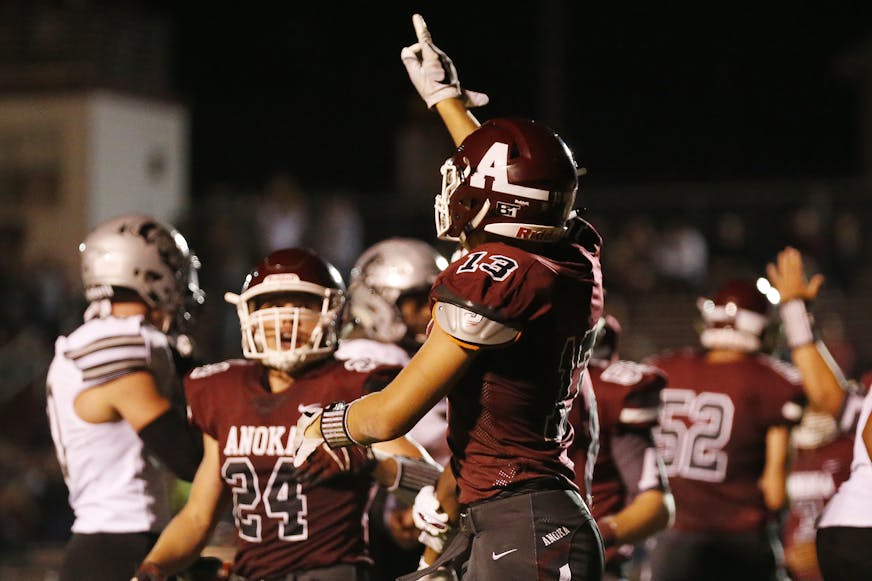 Anoka High School Cody Lindenberg (13) celebrates scoring his team's lone touchdown during the second half. ] LEILA NAVIDI &#x2022; leila.navidi@startribune.com BACKGROUND INFORMATION: Roseville Area High School plays against Anoka High School in the opening football game of the season in Anoka on Thursday, August 30, 2018. Roseville Area High School won the game 22-7. ORG XMIT: MIN1808302153160320