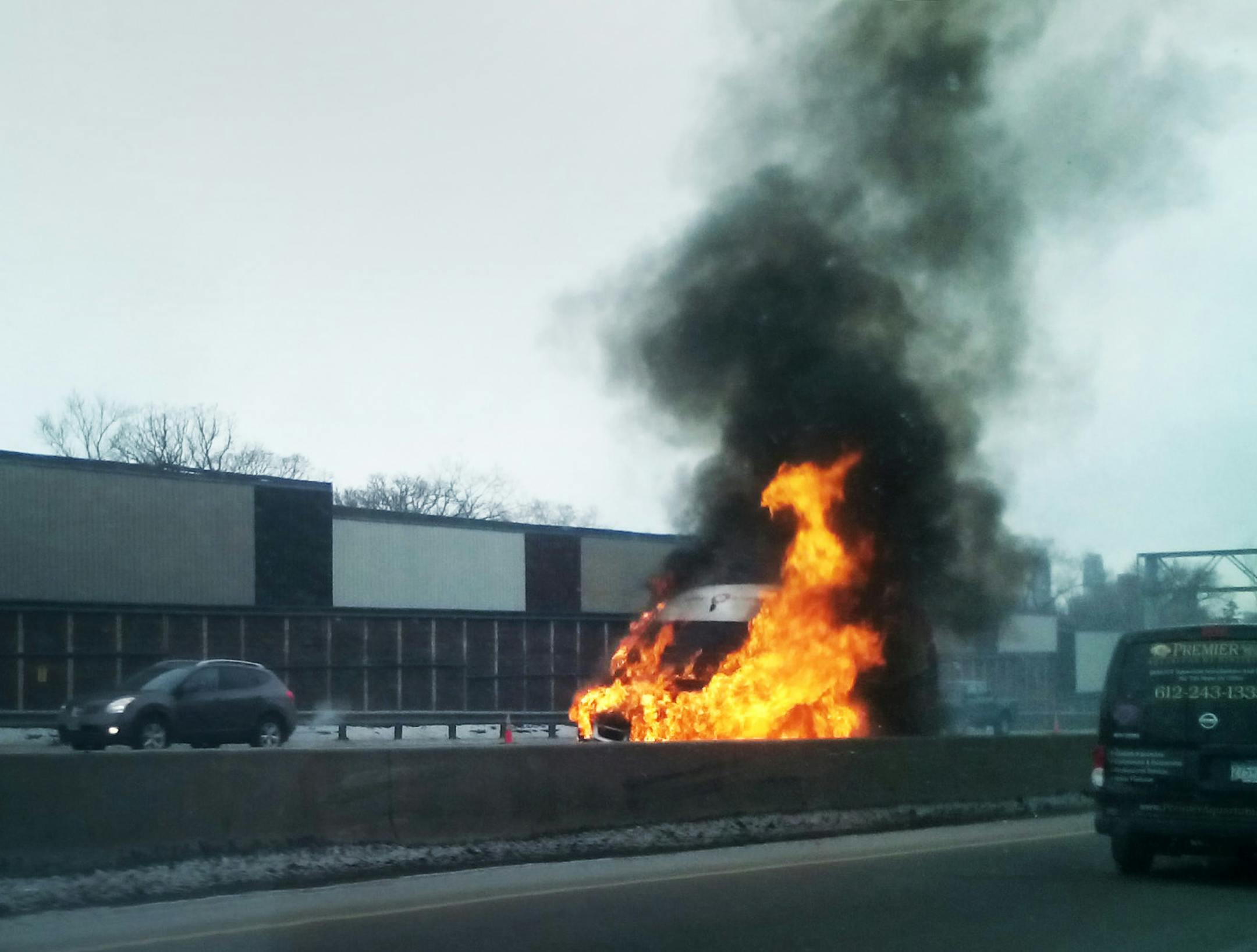Jeff Syme, a communications staffer with the Metropolitan Council, took this photo of van that caught on fire on I-94 in Minneapolis near Huron Blvd., on Tuesday, Dec. 2.