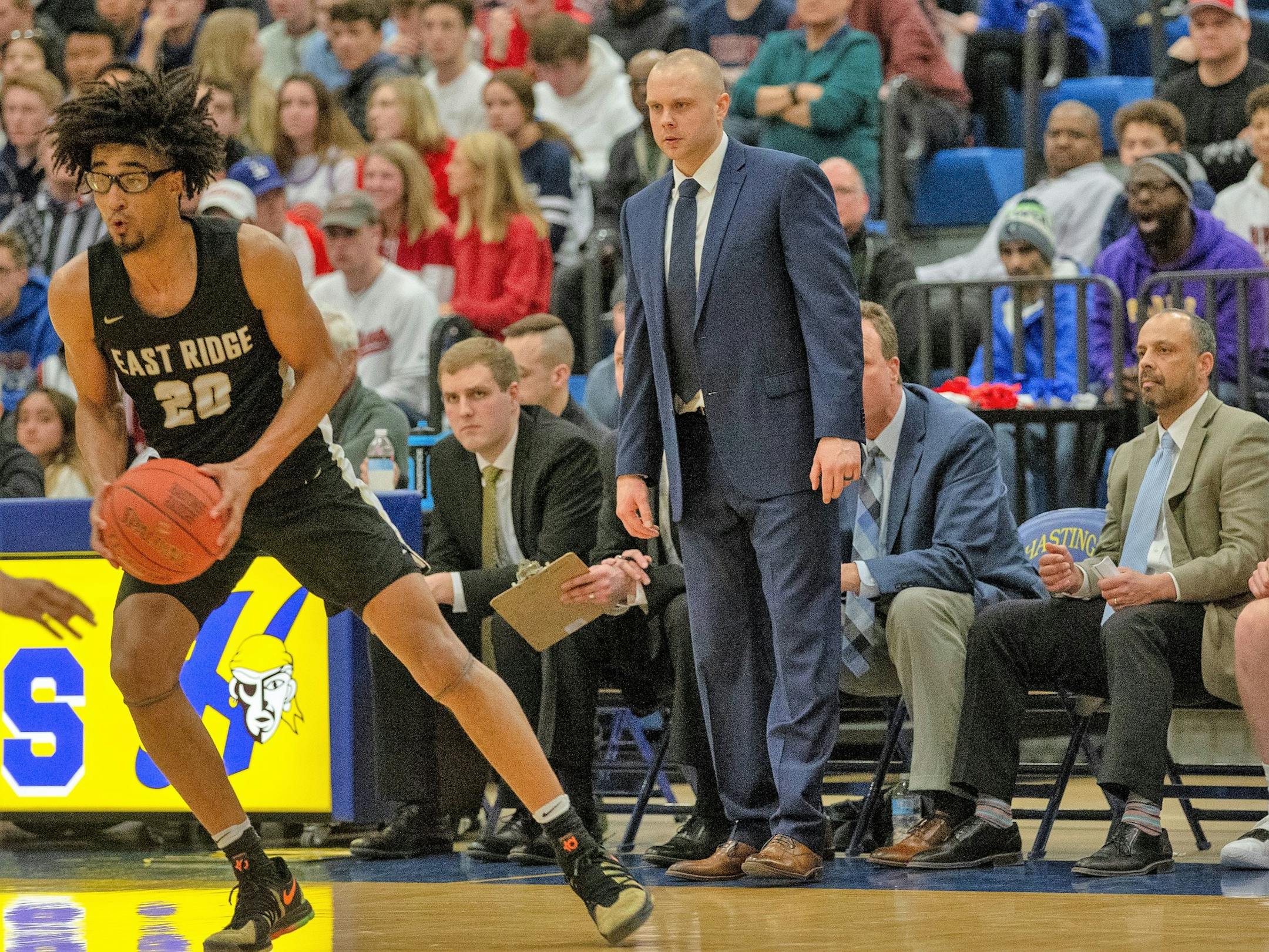 East Ridge coach Bryce Tesdahl in the Raptors Section 4, 4A championship game victory over Cretin-Derham Hall. March 14, 2019. Photo by Jeff Lawler, SportsEngine