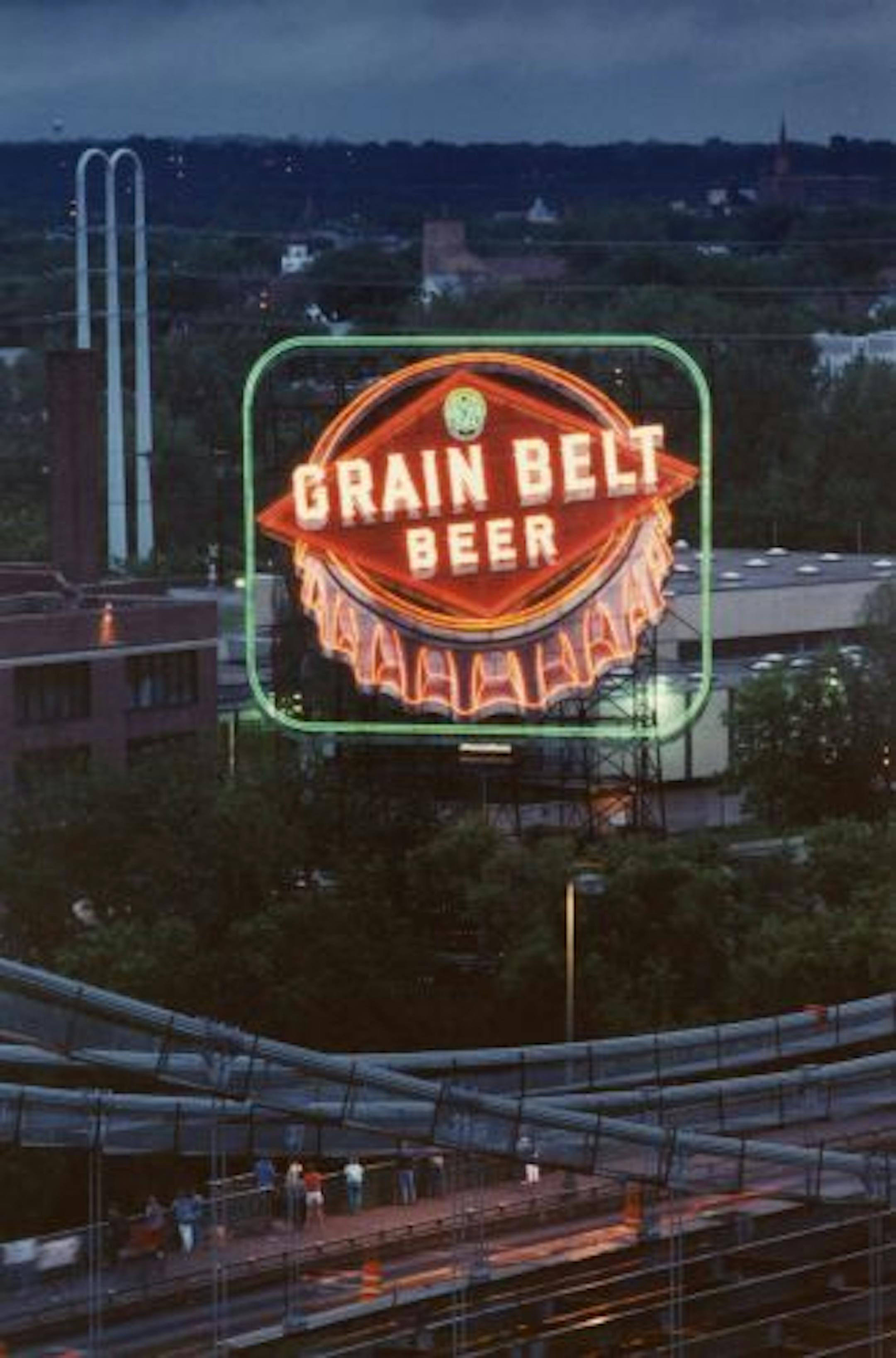 The Grain Belt sign glowed against the night sky when it was relit May 25, 1989, after 14 years of darkness.