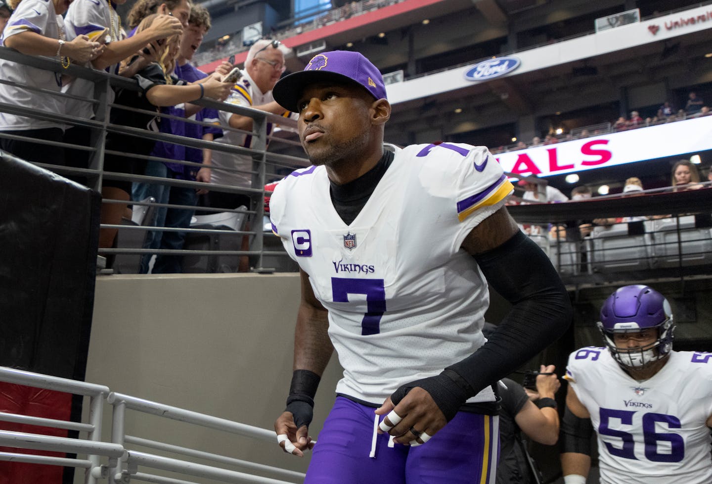 Minnesota Vikings cornerback Patrick Peterson (7) lead the team onto the field.