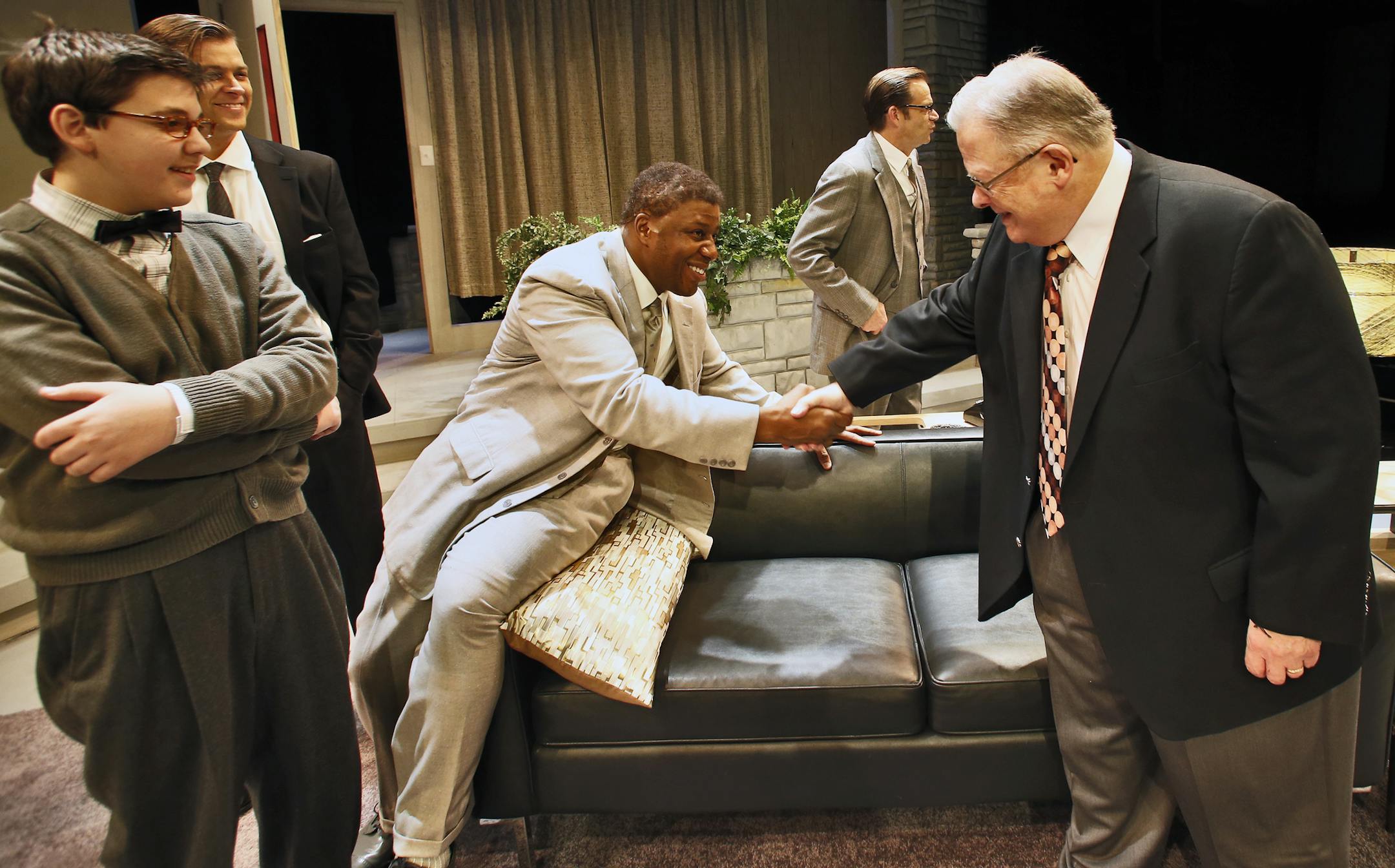 Ron Rabinovitz, 68, was a kid growing up in the 1950's in Sheboygan WI. He was pen pals with baseball great Jackie Robinson and had John and Bobby Kennedy stay in his home due to his dad, David Rabinovitz's high political profile in the state. A play at History Theatre in St. Paul depicts those years, and Ron Rabinovitz was in attendance at a recent rehearsal to watch it. Here, Ron Rabinovitz, right, shook hands with Ansa Akyea, who plays the role of Jackie Robinson. At left is Jack Alexander wh