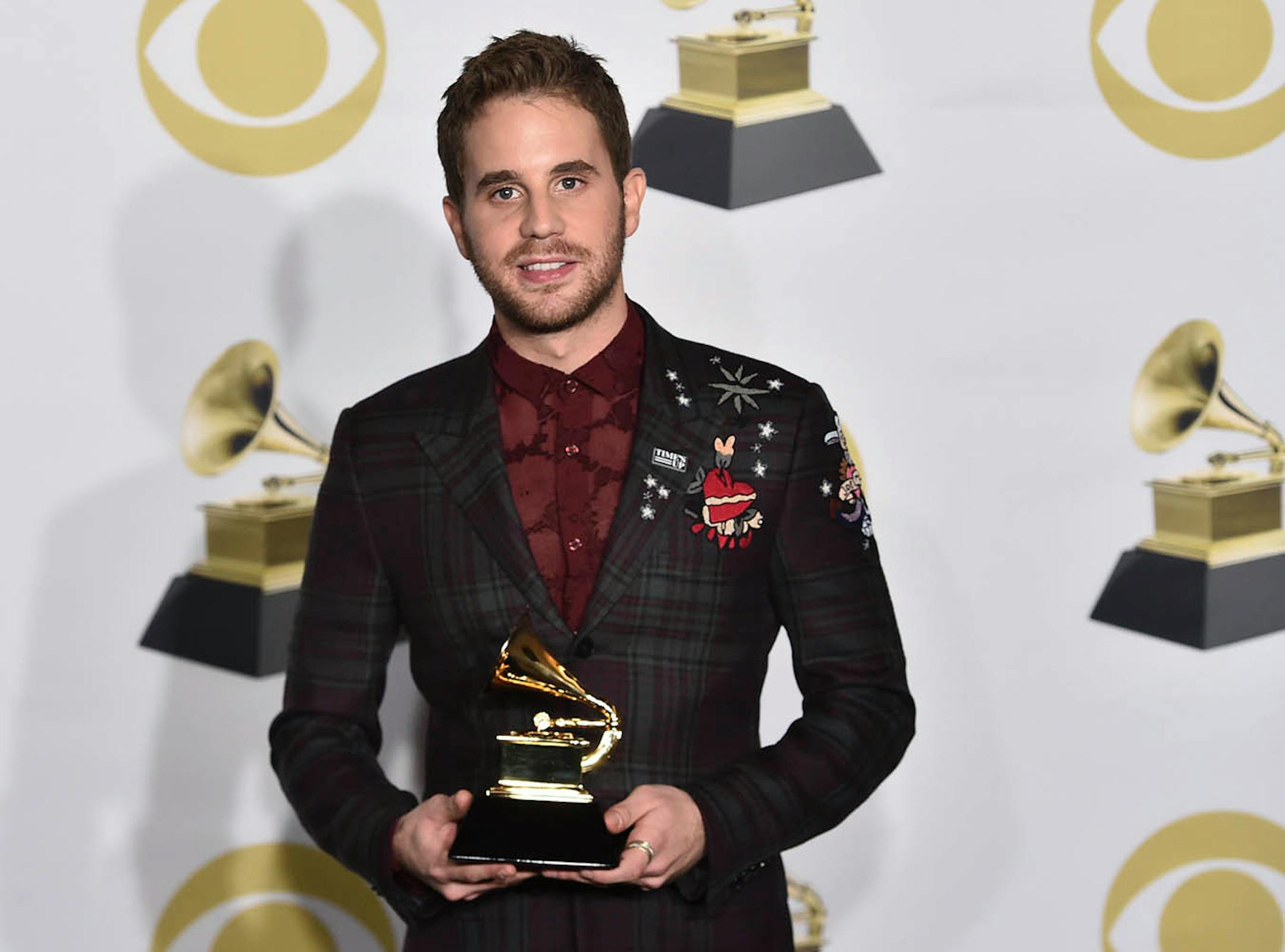 Ben Platt poses in the press room with the best musical theater album award for "Dear Evan Hansen" at the 60th annual Grammy Awards at Madison Square Garden on Sunday, Jan. 28, 2018, in New York. (