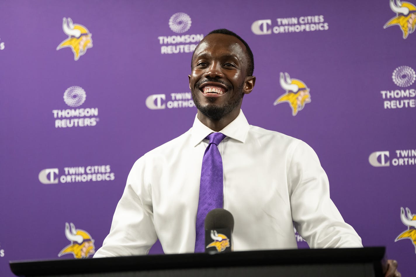 Vikings general manager Kwesi Adofo-Mensah spoke to the media bout first round draft pick Lewis Cine at TCO Performance Center on Friday, April 29, 2022 in Eagan, Minn. ] RENEE JONES SCHNEIDER • renee.jones@startribune.com