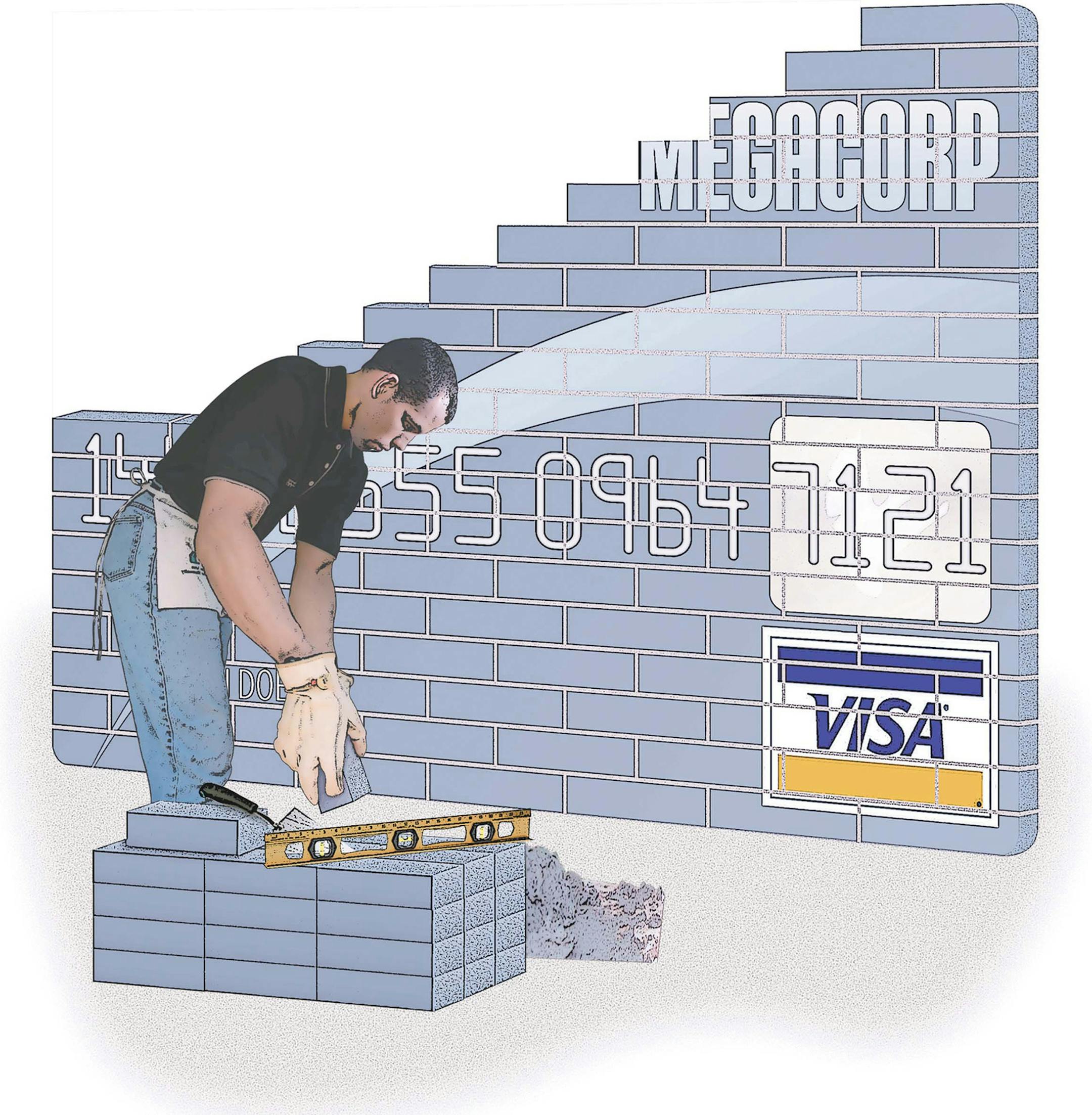 300 dpi Rick Nobles color illustration of man laying a brick Visa-card wall. The Dallas Morning News 2008<p> With PFP-CREDIT:DA, The Dallas Morning News by Pamela Yip<p> credit card wall illustration visa building masonry brick debt budget construction 04000000, FIN, 04006018, krtfinancialservice financial services, krtnamer north america, krtpersonalfinance personal finance, krtusbusiness, u.s. us united states, african american african-american black, krtdiversity diversity, 2008, krt2008, krt