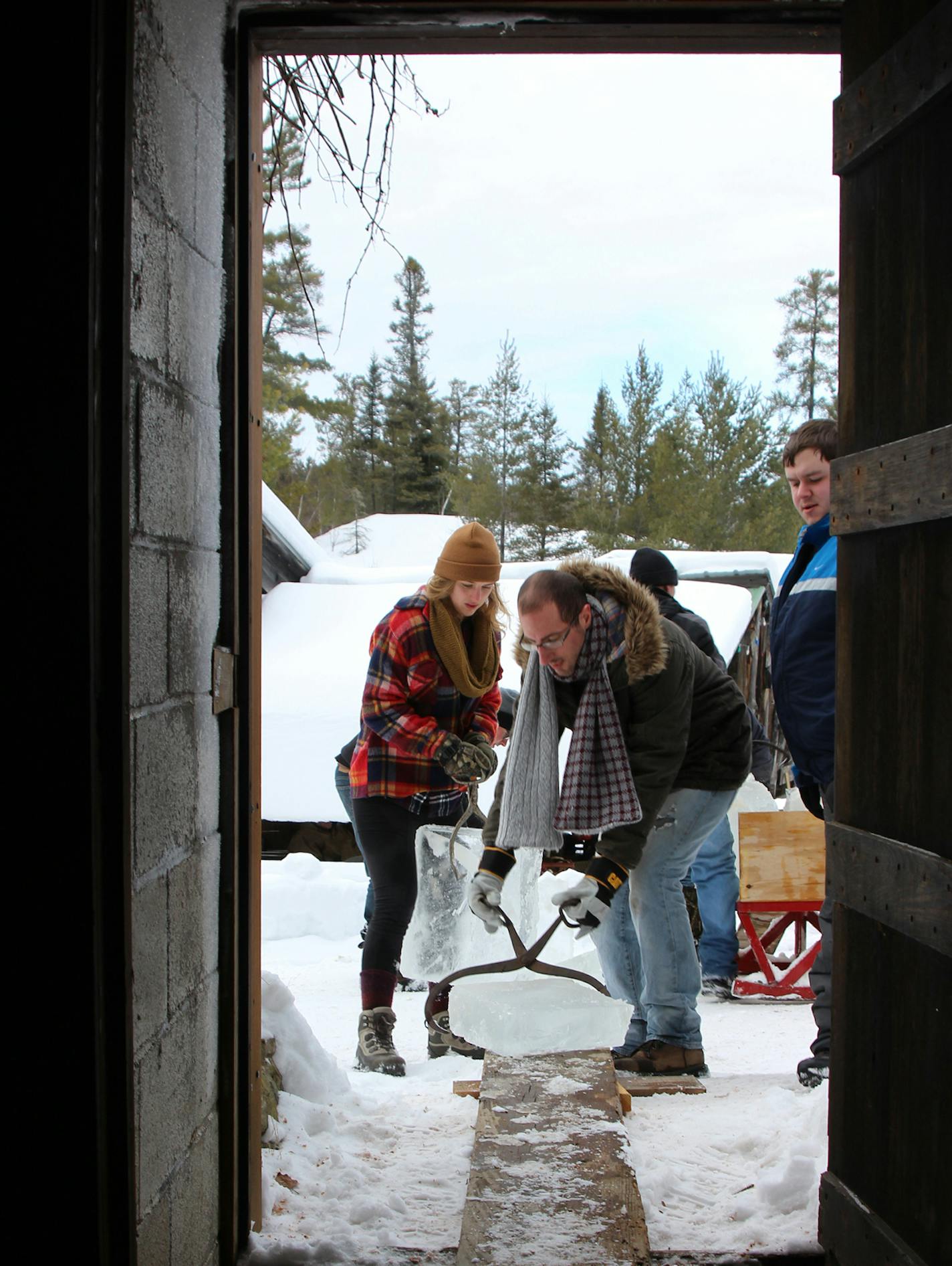 Moving blocks into the icehouse at Steger Center.