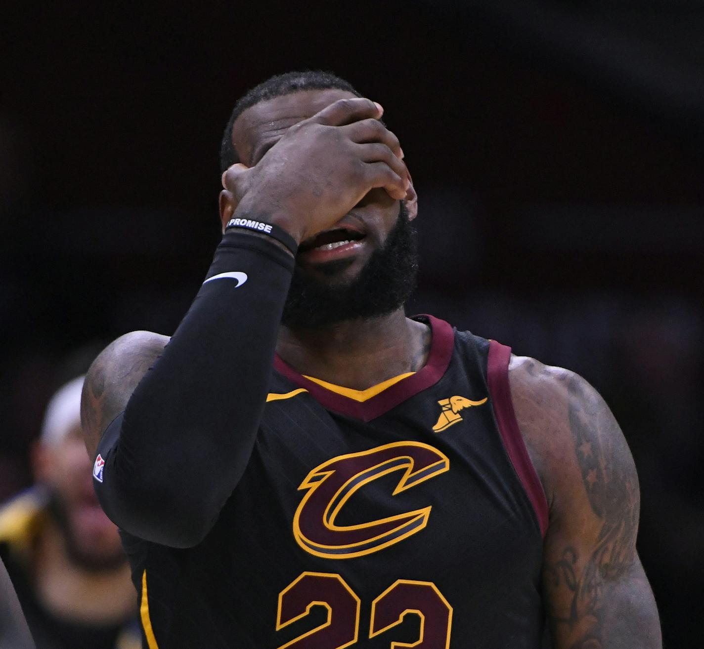 The Cleveland Cavaliers' LeBron James reacts after a call while playing the Golden State Warriors during the fourth quarter of Game 3 of the NBA Finals at Quicken Loans Arena in Cleveland, Ohio, on June 6, 2018. The Golden State Warriors went on to sweep the series. (Jose Carlos Fajardo/Bay Area News Group/TNS) ORG XMIT: 1233211