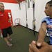 (left to right) Trainer Ryan Engelbert worked with prep athlete Seth Green at ETS Gym in Woodbury on 7/11/14.] Bruce Bisping/Star Tribune bbisping@sta