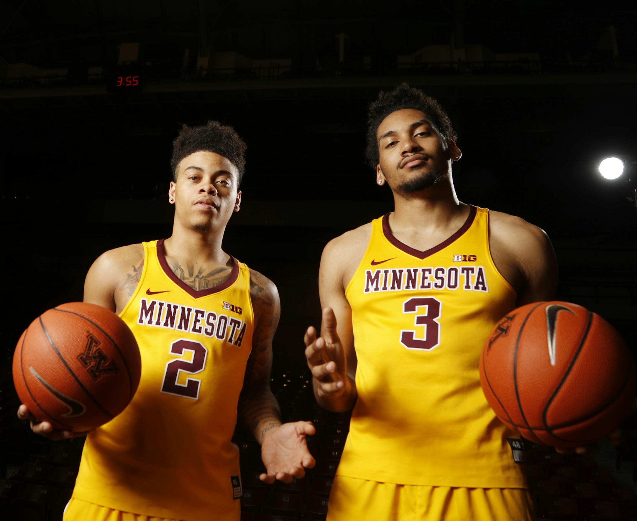 Nate Mason (No. 2) and Jordan Murphy (No. 3) at Williams Arena Tuesday October 25, 2016 in Minneapolis, MN. ] Minnesota men's basketball media day at Williams Arena. Jerry Holt / jerry. Holt@Startribune.com